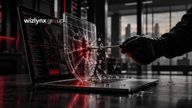 A gloved hand breaking through a transparent security shield in front of a laptop, representing EDR evasion and endpoint security testing.